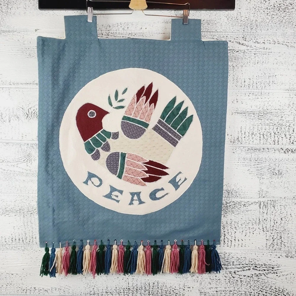 Peace Dove Embroidered Fringe Wall Door Hanging Fabric Blue Decor